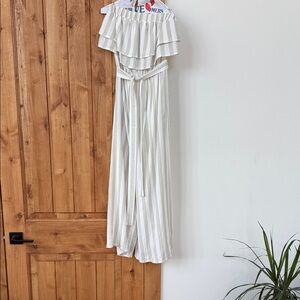 Striped Off-Shoulder Jumpsuit in White